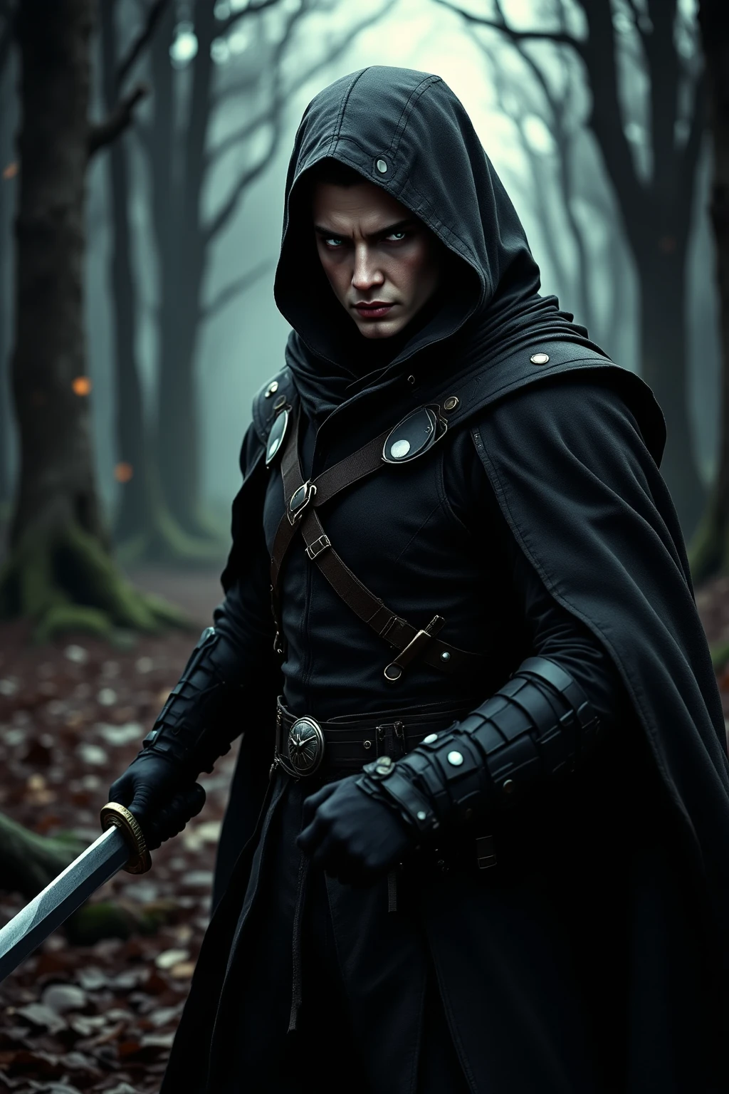 High-definition car park, Wearing a combat suit, holding a dagger, and preparing for a great sword fight move, Realistic and detailed,Professional illustration,Detailed facial features,sharp expression,Focused Posture,Adventurous atmosphere,Dark forest background in ruins,faded texture,Tranquil atmosphere,Dark Colours,Masterpiece,4k High Resolution 