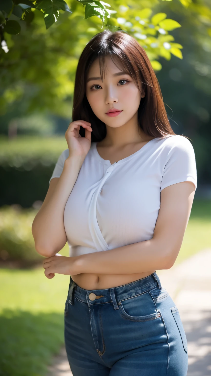 masterpiece, Highest quality, Super detailed), Portrait of an 18 year old woman with light brown hair, Green round eyes, erotic, White T-shirt, Wet with water, see-through T shirt,Blue jeans、Smiling Blue Shorts、Singing from under the tree (Leaning against a tree) And read the Brown Book - Auto Ultra Realistic, huge firm bouncing busts, Deep cleavage, Oblique view from below