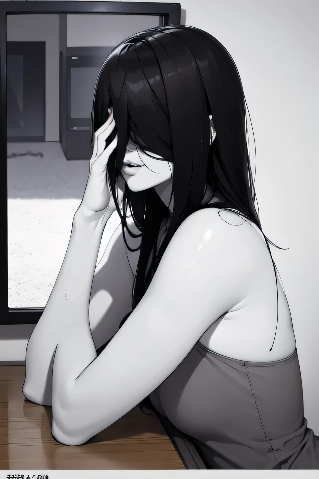 (masterpiece:1.3), (8k, realistic, RAW photo, top quality: 1.4), (1 Sadako), ((Black hair covers eyes:1.3)), beautiful face, (realistic Face), beautiful fine details, (realistic Skin), beautiful skin, ((pale skin:1.4)), small , absurd, charm, super high resolution , Super Real, very well detailed, golden ratio, ((Crawl out of the TV screen)), Tatami room, dim, (steam:1.0), side view