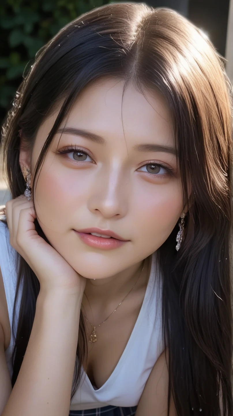 This is a photo taken from a slightly lower position at a bus stop during a sudden heavy rain, capturing the whole body of a woman sheltering from the rain. She resembles a K-pop idol Jung Wonyoung, with slightly drooping, rounded eyes, eyebrows gently slanting downwards towards the outer corners, and foggy eyes adorned with natural makeup. Her beautiful layered brown hair has both youth and beauty, she wears a white oversized shirt with all the buttons unbuttoned, her whole body is soaked, and water droplets shine on her beautiful skin. She also wears large earrings and a sparkling necklace on the neckline, adding a refreshing sensuality to her overall look. Smiling with embarrassment while hanging wet hair over her ears, she has an incredibly perfect figure with an accentuated bust that also has an F cup, and exudes sensual charm with her long, beautiful legs and thin waist.