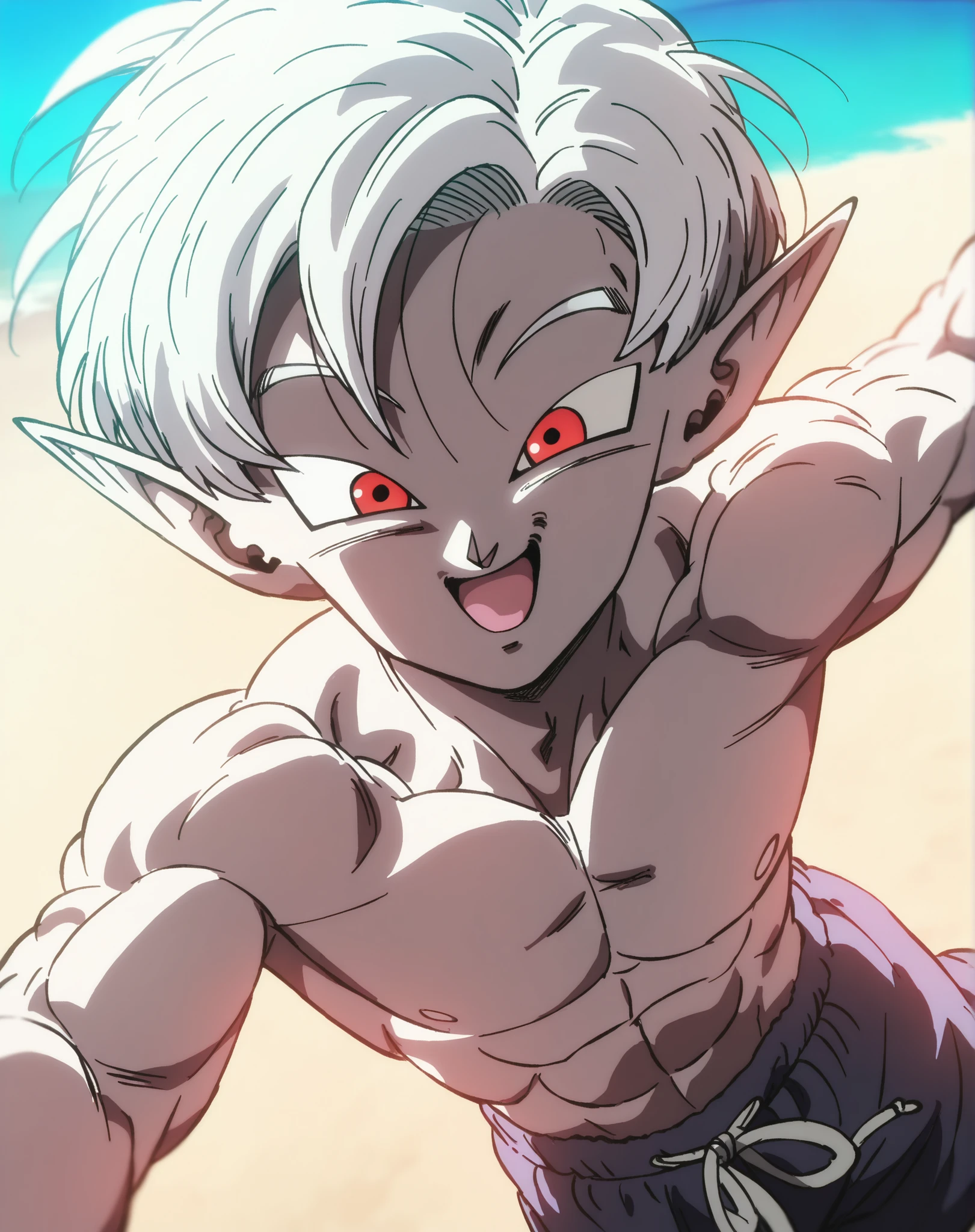 (upper body shot), masterpiece, (dynamic pose), solo, best quality, looking at viewer, (saturated), bright colors, (anime), pointed ears, red eyes, pale grey eyebrows, pale grey hair, white grey hair, pale purple skin, muscular, shirtless, beach shorts, beach, tropical beach, island, day, (happy, friendly: 1.7), (masculine, male, man, boy: 1.3), (dragon ball super style), wide eyes, bangs, short hair, human, handsome