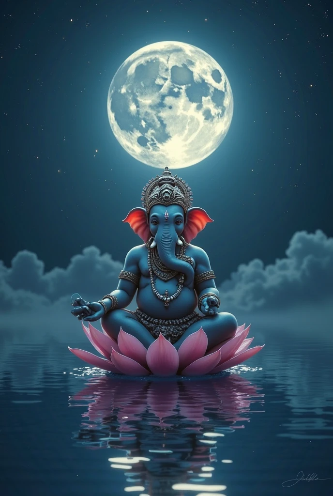 Create A 8D High Quality Ultra Detailing Image Of Cute Ganesha Sitting in front of a waterfall and the water of the waterfall is flowing.. Background Features Is Midnight Moon is Shining.