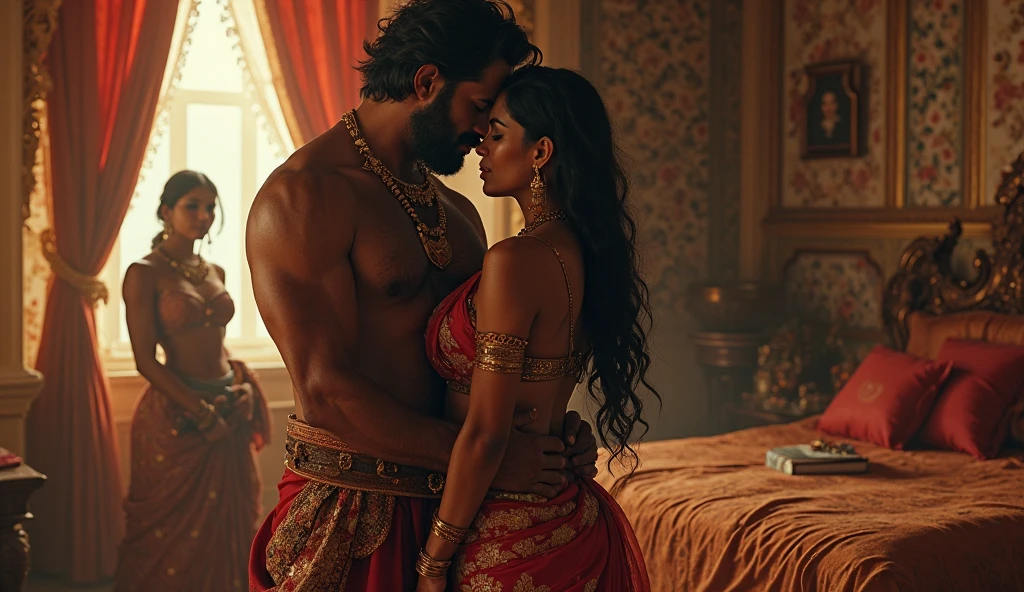Hot girl, curvy hourglass body, wearing nighty, on bed, muscular Hindu pandit wearing saffron, kissing in night,