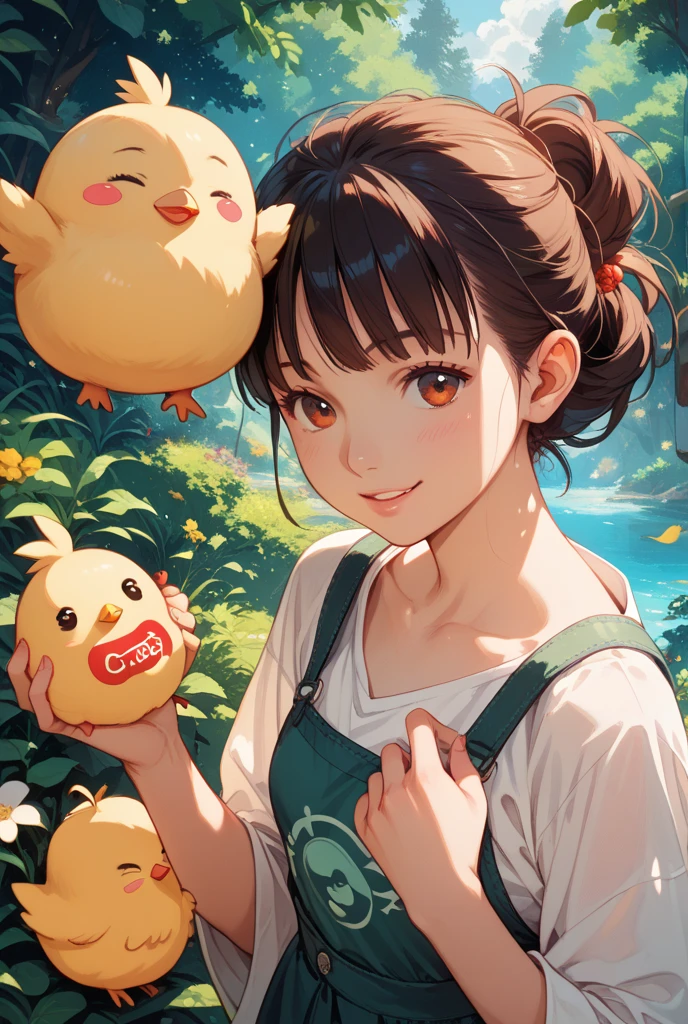Yellow chick with green caterpillar on head on a farm