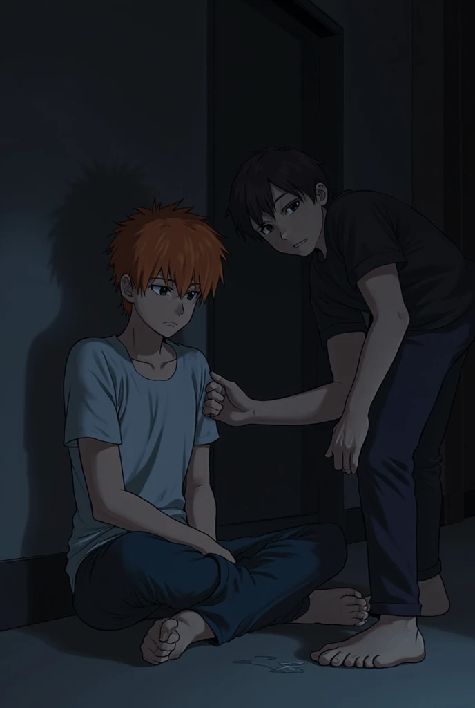 Dark blond boy screaming stressed , and black haired and white girl , sitting on the floor near the wall crying scared