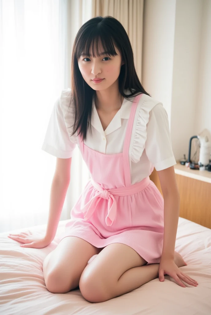 Japanese,6 years old,Baby Face、Ultra-flat chest、Ultra short height、An innocent smile、Flat Chestのクローズアップ、Flat Chest:1.85、cute,Primary school students,Pink Apron、Summer clothes、So small and so young、On the bed:1.85、She gives me good morning kisses:1.85、She spread her arms
