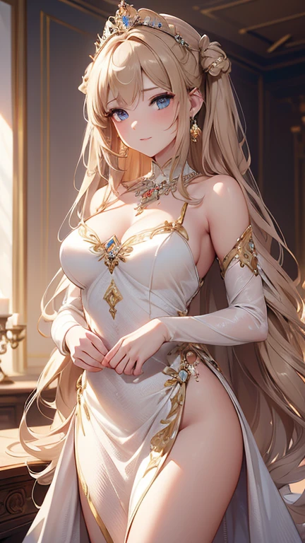 Brown Skin、Elf、Ultimate Physical Beauty, Beautiful Eyes, Big Breasts, Embarrassed look , Bedroom, Big Chest, 8k CG, highest quality, Best image quality,Knee-high socks、Wedding dress、Long gloves、Large Breasts
