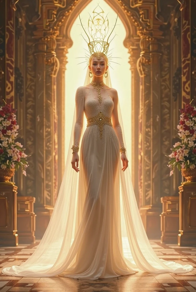 A mythical land of God, buildings are decorated with gold and silver, white shining Flore, on the throne, a beautiful dunyin goddess is sitting, her skin is shining, detailed face and clothes, mystic logo on forehead 
