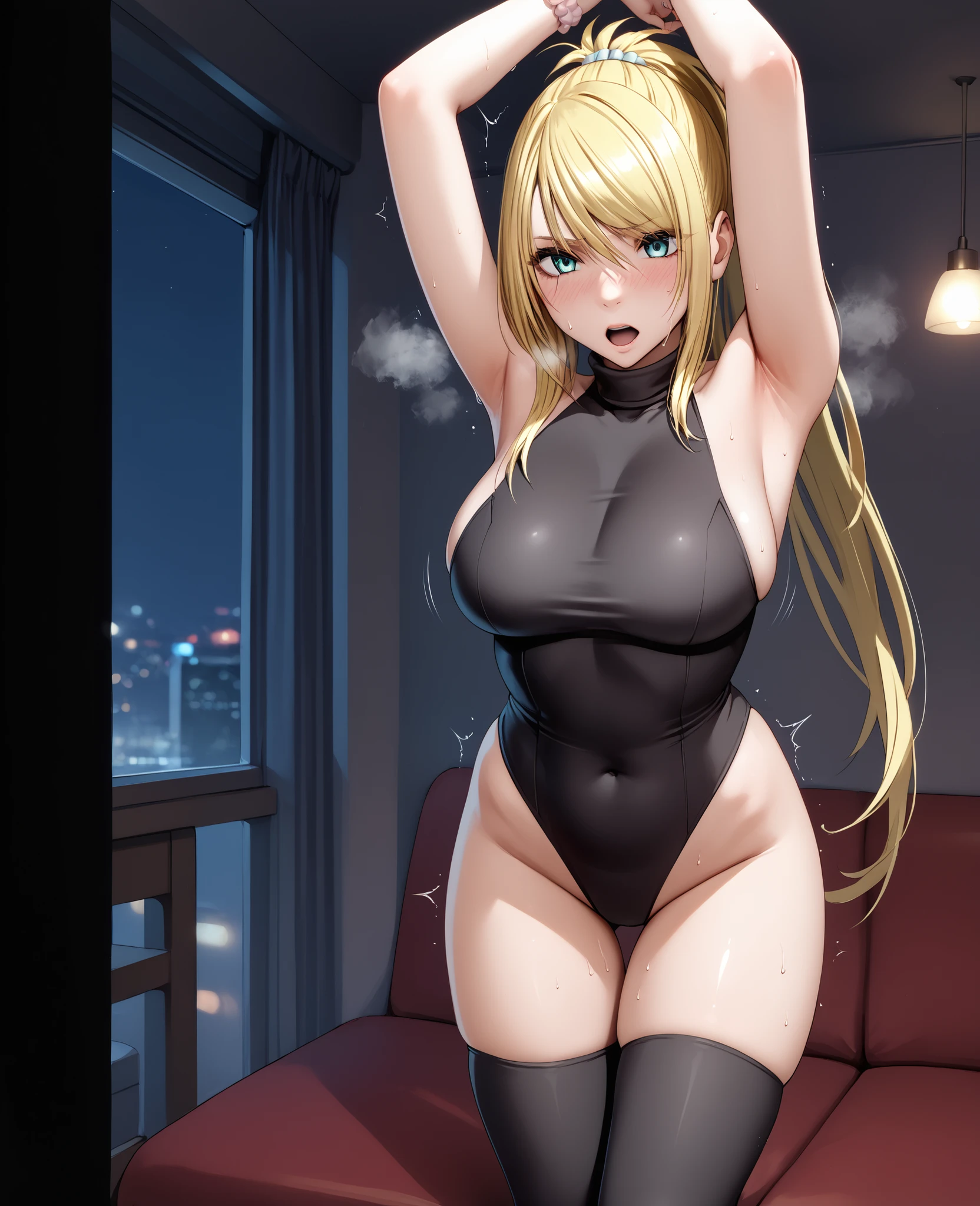 yellow hair, black dress, freckles, lipstick, hourglass figure, purple eyes, Lucy Mann, big ass, seductive pose, solo, tight outfit, masterpiece, high quality, humanoid, ultra 4k, black polo dress, red collar, red cuffs