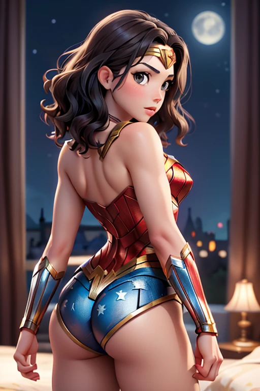 ((tanned adult woman), (( short black hair, blue colored eyes,)), (( with Wonder Woman leotard, Lynda Carter style, stuck in her ass and in her wet pussy )) (( sleeping on your stomach, your ass is on display)) , 苗条, smile cute, (( laying down on a bed )) , red lipgloss stick, (( from the back looking at the camera showing her ass )) , Masterpiece artwork, high qualiy, rear lighting ))