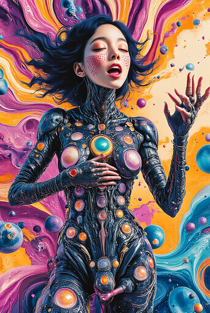 8K,RAW Photos,Highest quality,masterpiece,reality,reality的,Very detailed,live-action,Very beautiful woman,Android,cyborg,cyber-,slim,Electronic device body,((Very detailed電子機器)),(A body with clearly visible internal electronics)Connection line,Wet body,Wet long hair,Advanced AI, (Seamless integration of organic and mechanical elements),element,neon,Rainbow Skin,transparent,Glass,future,Glamour,Large Breasts,Live Action,Fantasy,movie,whole body,85mm camera,Portrait,shadow,