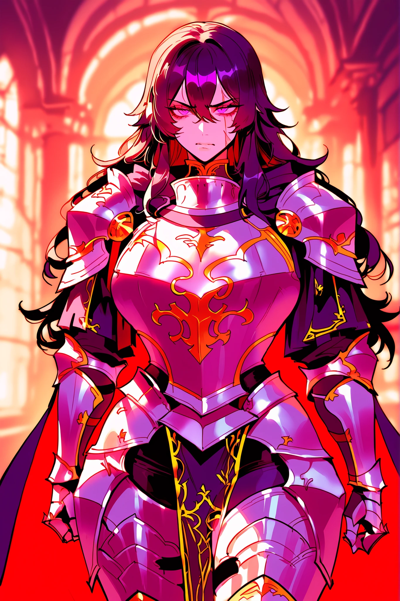 score_9, score_8_up, score_7_up, Perfect face, Detailed face, Delicate facial features, Detailed skin, rude expression, Wide hips, 1girl, adult, large physique, large build, tall, pale skin, black hair with red ombre, long hair, hair between eyes, fluffy hair, soft purple eyes, fourth size breasts, steel plate armor, armored, greaves pants, no_helmet, adventurer, cloak, vertical small scar on the lip,