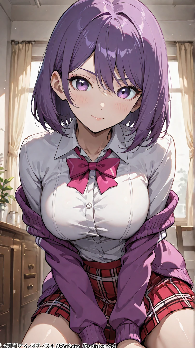(1girl, solo), best quality, masterpiece, (leaning over:1.4), 1girl, yuzuriha_(jigokuraku), purple hair, brown eyes, cleavage, small breasts, topknot, medium hair, breasts apart, seductive smile, (blush:1.1), japanese exterior, classroom, beautiful pose, (school outfit), (perfect fingers, perfect hands)