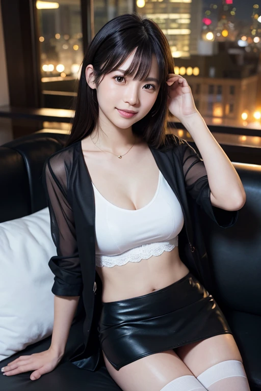(highest quality、Highest quality、Highest Resolution、masterpiece、detailed、live-action)、
(((Black mesh business suit)))、
((Jacket and knee-length skirt))、
(((Flip up the skirt)))、
(((Grab the hem of your skirt with both hands)))、
((Showing panties))、
(((White silk panties and black pantyhose)))、
(((White bra)))、
1 Japanese woman、
Cute Japanese Woman、
Beautiful 18 year old Japanese woman、
Slender figure、
Small breasts、
ponytail、
The girl is facing the photographer、
smile、
whole body、
Standing posture、
Tokyo at Night、
Top floor of a high-rise building、
Glass office room、