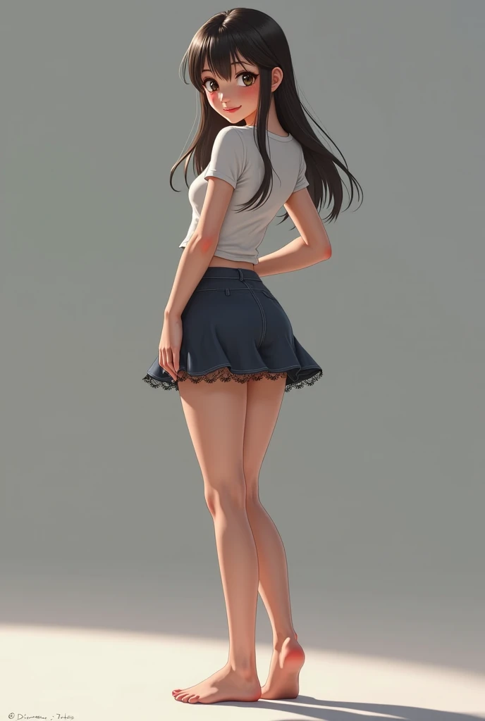 (photorealism:1.2), Niña de 9 años, japanese girl, cara bonita, cintura pequeña,, full body, , dynamic pose,flat tits, flat ass, small waist, , minor, , girly,crop top, miniskirt, smiling cutely, arched back, side view, small cute head, small cute hands, small cute body, cute thin arms, cute thin legs,, accurate anatomical proportions, thin cheeks, thinner face,
