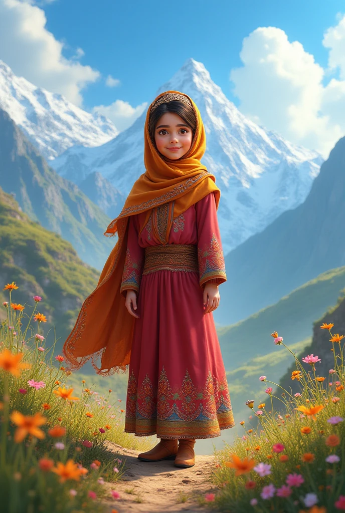 "Generate a hyper-realistic image of a 10-year-old girl from Tajikistan with authentic features, traditionally dressed, set against a realistic road background, showcasing the best quality and intricate details."
