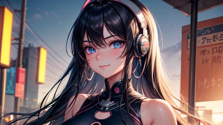 masterpiece、Top image quality、Black hair、Black bra、Colossal tits、mechs、animesque、8K,masterpiece, bset quality,Colossal tits、(1girl in)、((Pit Girl Suit))、shinny skin、Shiny big、dark-brown eyes、 ((top-quality))、 Crisp focus:1.2、Highly detailed facial and skin texture、A detailed eye、face perfect、perfect bodies、art by、nffsw、Blur the background、japanes、Big breasts with a strong presence、Circuit field、Blur the background、Cowboy Shot、
