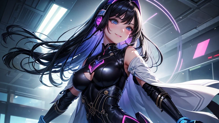 blue haired woman、yellow mesh cheek hair、clear eyes、Neptune、casino　dealer、lipstick、highest quality, intricate details, chromatic aberration, 1 girl, long hair, Purple Highlights, purple eyes、white fur short coat, neon shirt, torn legwear, open jacket, towards the wall, shine, neon light, Black light,smile、Holding an ace of hearts playing card in one hand、back hair is pink

