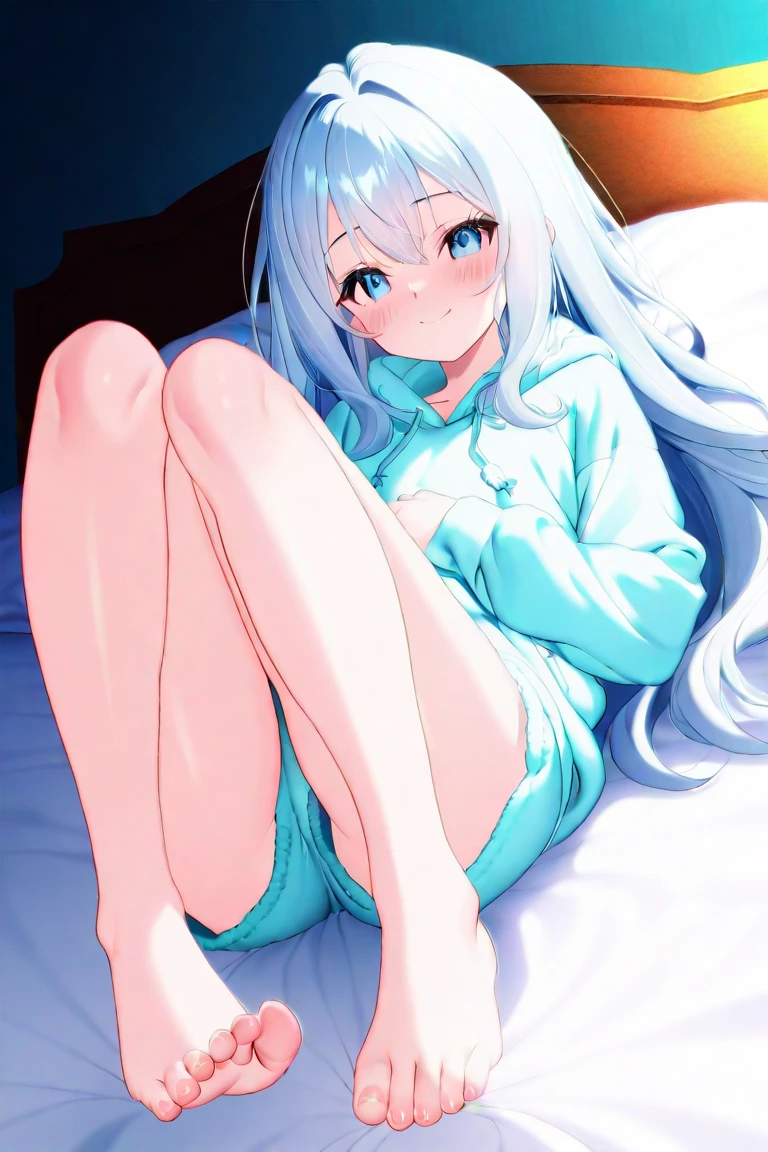 Anime girl, long white hair, beautiful detailed blue eyes, laying on her bed, bare legs, fair skin, wearing a blue shark onesie, wearing white panties underneath the hoodie, legs raised, 8k, high resolution