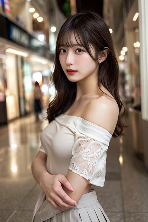 Random pose, Mix 4, (8k, Raw photo, highest quality, masterpiece: 1.45), (Realistic, Photorealistic: 1.37), One Girl, cute, Laughter、Cityscape, night, Professional Lighting, Cafe,street,Photon Mapping, Radio City, Physically Based Rendering, Gradient black hair, Gray Hair, Medium-long loose hair, Handsome, With a girl, (Big ample breasts:1.3),Off-the-shoulder dress, highest qualityの写真, High resolution, 1080p, (Clear Face), (Detailed face description), (Detailed hand description), (masterpiece), Lifelike, Extreme light and shadow, Disheveled Hair, masterpiece, Rich details, (Beautiful Faces), (highest qualityの写真), (masterpiece), (Finely grained), dual、Look in front of you, Thin clavicle,Emphasis on armpits、Show lower milk、Her voluptuous thighs are visible through the slit.、Head to knee photo