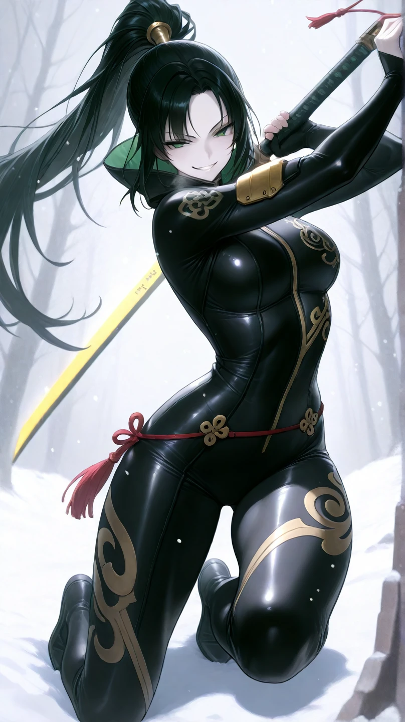 full body, Standing, Princess Zelda as Shinobi, costume all black with gold stripes, she has large breasts, (short black hair), ((wearing Oni mask on her face)), cut scar over right eye, (green eyes), a katana attached to her waist, blood all over her clothes, she is in an ancient ninja Temple full of swords stuck in the ground, Anime, masterpiece, 16k, award winning, best quality, high details, UHD, masterpiece, anatomically correct
