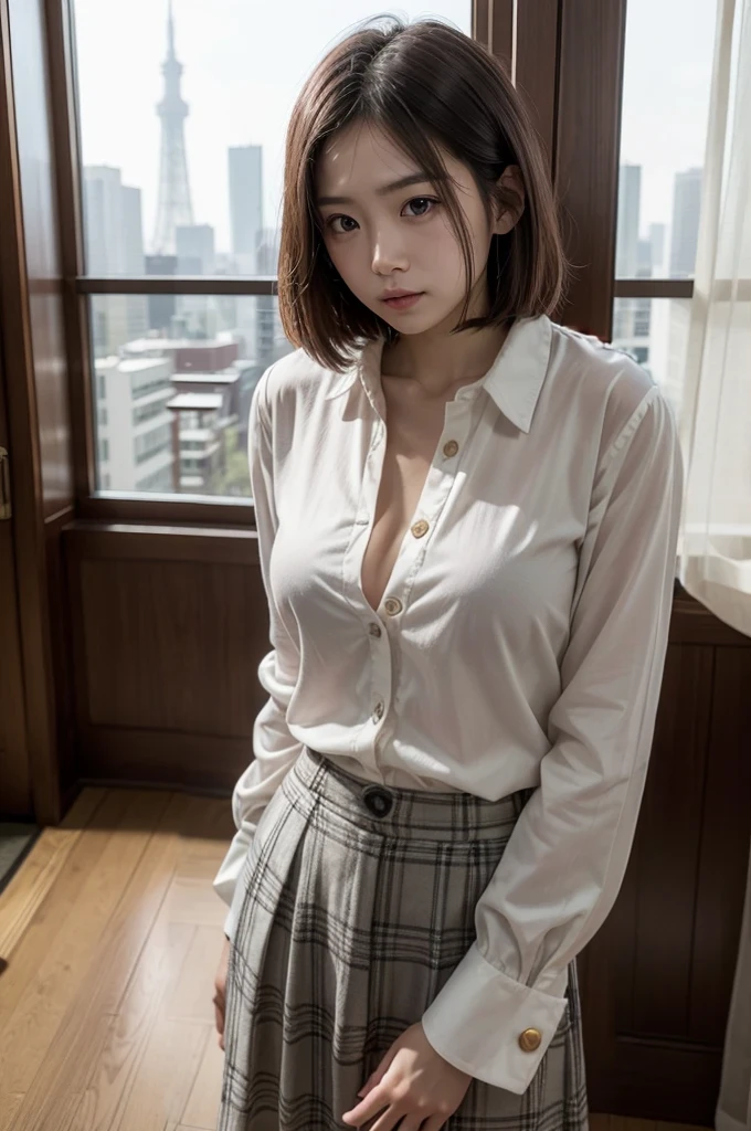 A beautiful woman who has been and tied up、Well-formed face、Make your eyes even、Hands tied with rope、Align your legs、Bright interior、Dark short-sleeved shirt、mini skirt、View from the front、White panties are visible、Standing in front of the window、Snowy view from the window、25talent、Medium build、Like real life、highest quality、