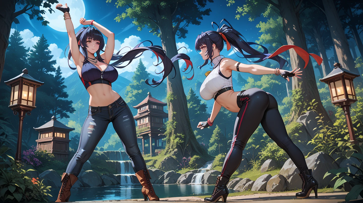 Full body shot from head to feet, two adult female character from Dead or Alive. A thrilling and intense masterpiece depicting a deadly duel between Kasumi and Ayane, both expert swordswomen, with the fight reaching a climactic moment of truth. The dynamic action capture the moment as Ayane takes a lethal blow and succumbs to her injuries, leaving Kasumi as the sole victor in this high-stakes battle. Kasumi have loose brown long hair. Ayane have loose deep purple long hair. Kasumi wear sleeveless kimono, obi tied on the back hip, black long gloves, short skirt, and black thigh highs. Ayane wear sleeveless kimono, obi tied on the back hip, black long gloves, short skirt, and black thigh highs. Backgroud set on lush forest, with no effect.