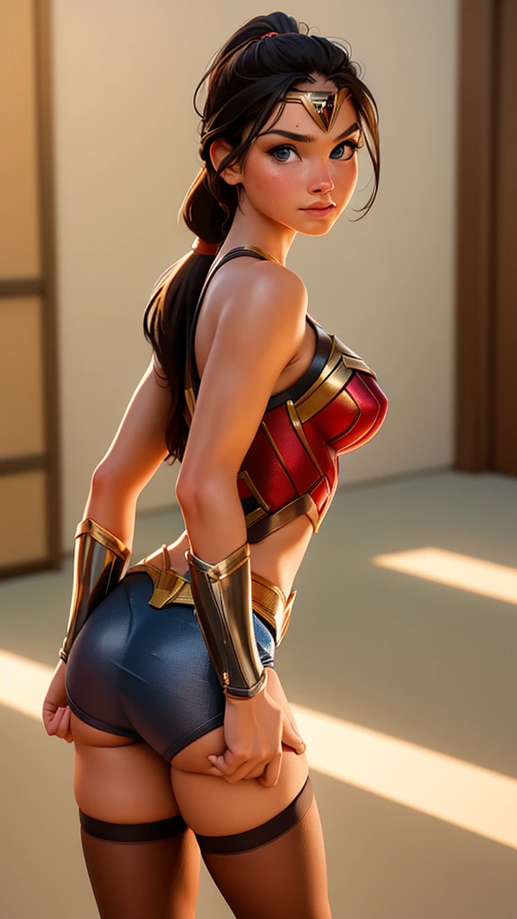 Araffe mulher em uma fantasia maravilha posando em um banheiro, vestida como mulher maravilha, Gal Gadot como Senhor do Inferno, maravilha mulher, Retrato da Mulher Maravilha, Direction: Jason Chan, cosplay profissional, cosplay realista, ross tran 8 k, foto cosplay, Direction: Victor Wang, cinematic goddess body shot, pintura sexy de gal gadot, Direction: Jeremy Chong, foto sexy do filme