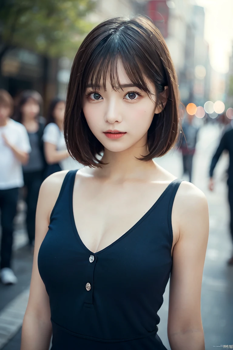 8K highest quality, masterpiece, perfect dynamic composition, Highly detailed skin and facial textures:1.3, summer evening,Shooting in the city、1 girl, Cute sexy 25 year old slim woman, Fair skin, ((Transparency:1.1)), ((Huge breasts that are about to burst:1.0、skin is completely covered by clothing:1.15)), (shy smile:0.9, completely enchants you:0.9), ((wearing a short black tank top:1.3, ))， (((emphasize the top of the bust:1.2)))、((Wearing a shoulder bag diagonally emphasizes your cleavage.:1.3, )) short and thin hair，thin waist、 Depth of written boundary， High resolution， Super detailed， filigree， RAW is very detailed， highly detailed eyes and face， sharp pupils、cinematic lighting，Full body Esbian、dynamic pose，