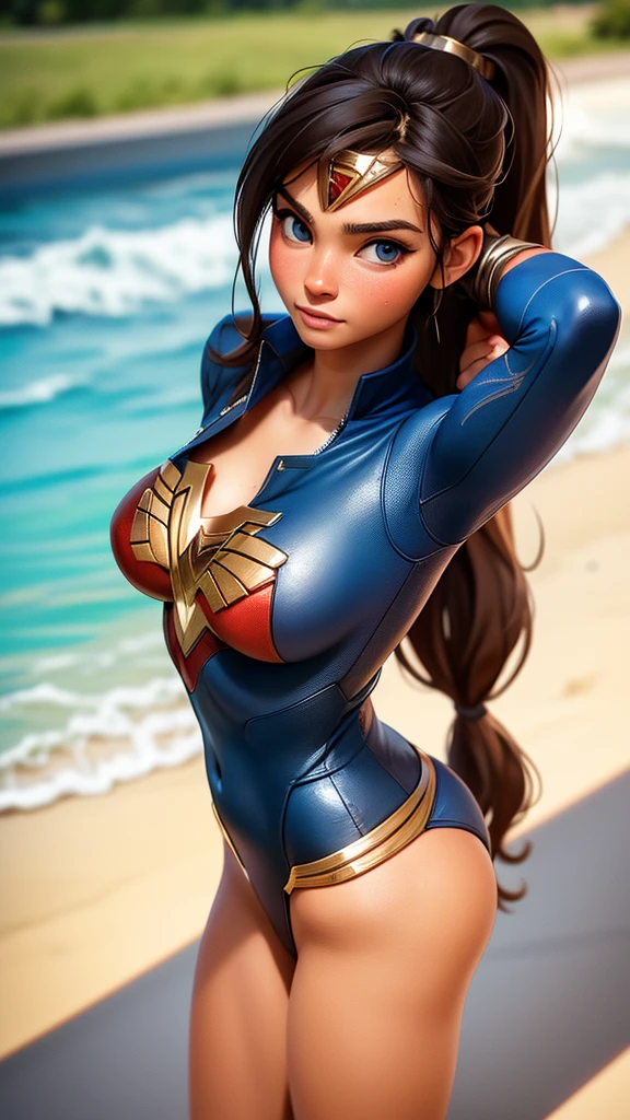masterpiece, best quality, beautiful art, high resolution, well formed hands, body and fingers, 1 woman, solo, Lumine, wearing a wonder woman outfit, adult, big breasted, cleavage, full body, sexy and skimpy outfit , gorgeous legs and thighs , she is fighting in a combat match, showing her fighting skills, making her guard, about to hit the viewer, looking at the viewer, sweating, bouncing breasts, smiling joyfully and brightly, being confident and proud, action and fighting scene, martial arts tournament with beach environment