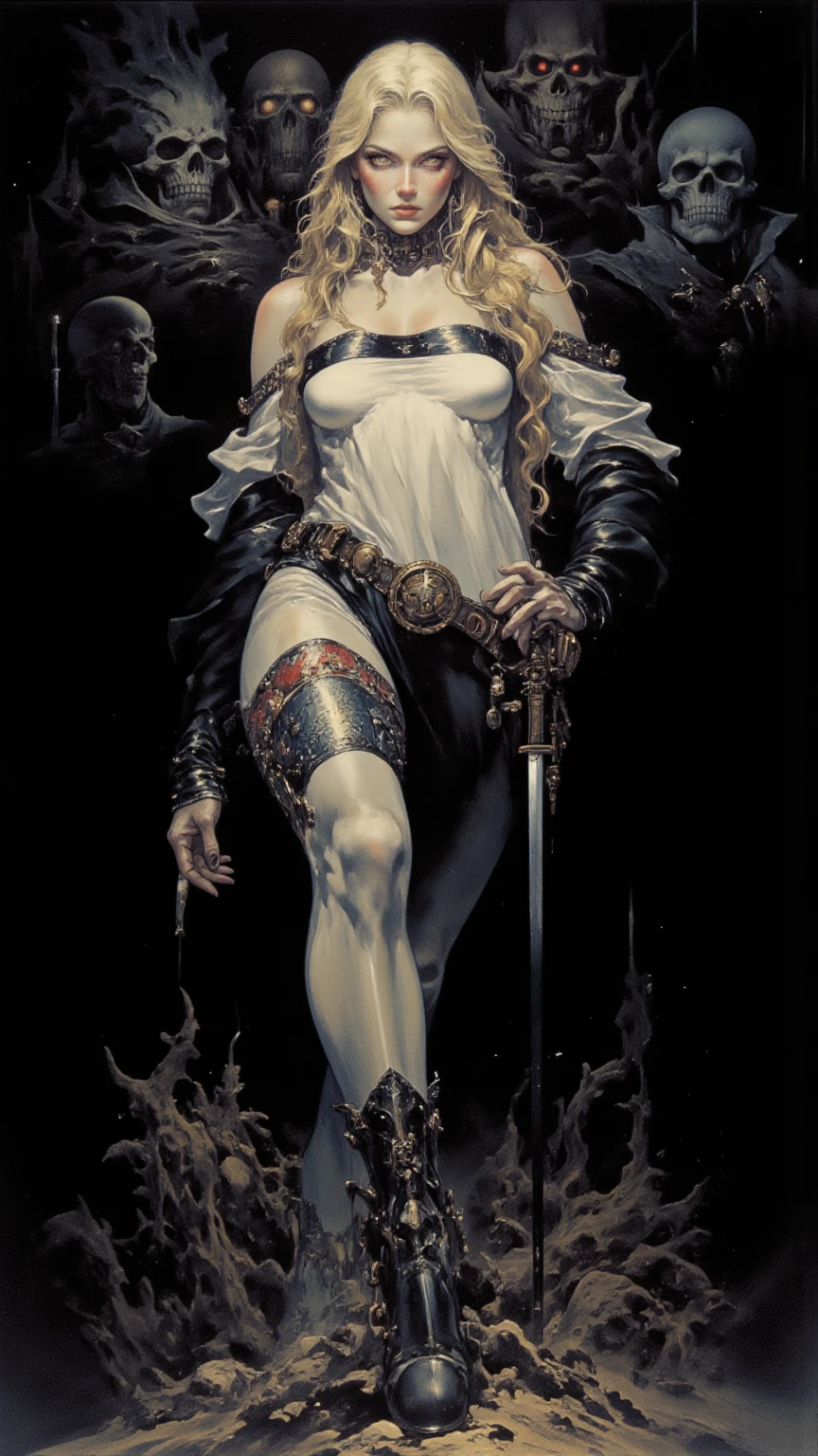 Uma mulher solo girl, Queen of Death, pale skinned, cabelos brancos, olhos brancos, red-lips, goth makeup, expression would be sensual, corpo sensual sexy, cintura fina, coxas grossas, usando um vestido antigo preto, ela usando um colar de caveira de prata, in the background a cemetery and she is holding a soul with her hand, detailed graphic bright and vibrant colors, whole body