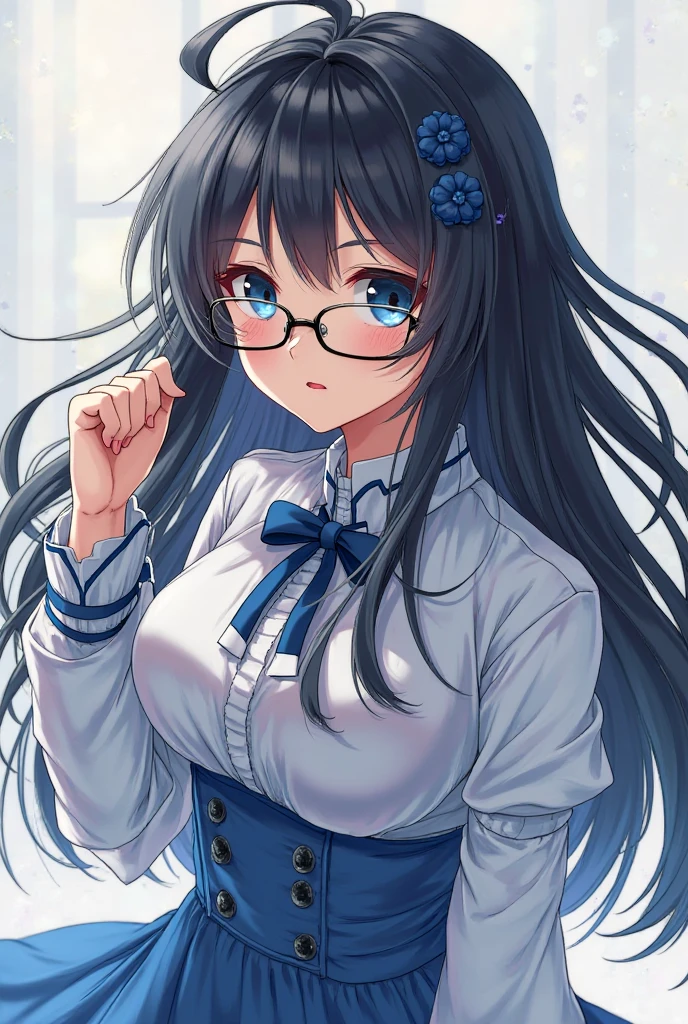 highest quality,wonderful,finely,extremely detailed CG unity 8k wallpaper,1 Girl,priest(dq3), Large Breasts,(school uniform:1.4),(White lace panties:1.5), Black Hair, Glasses, Blue Eyes,Twin tails, highest quality,Super detailed,unity 8k wallpaper,Game CG,