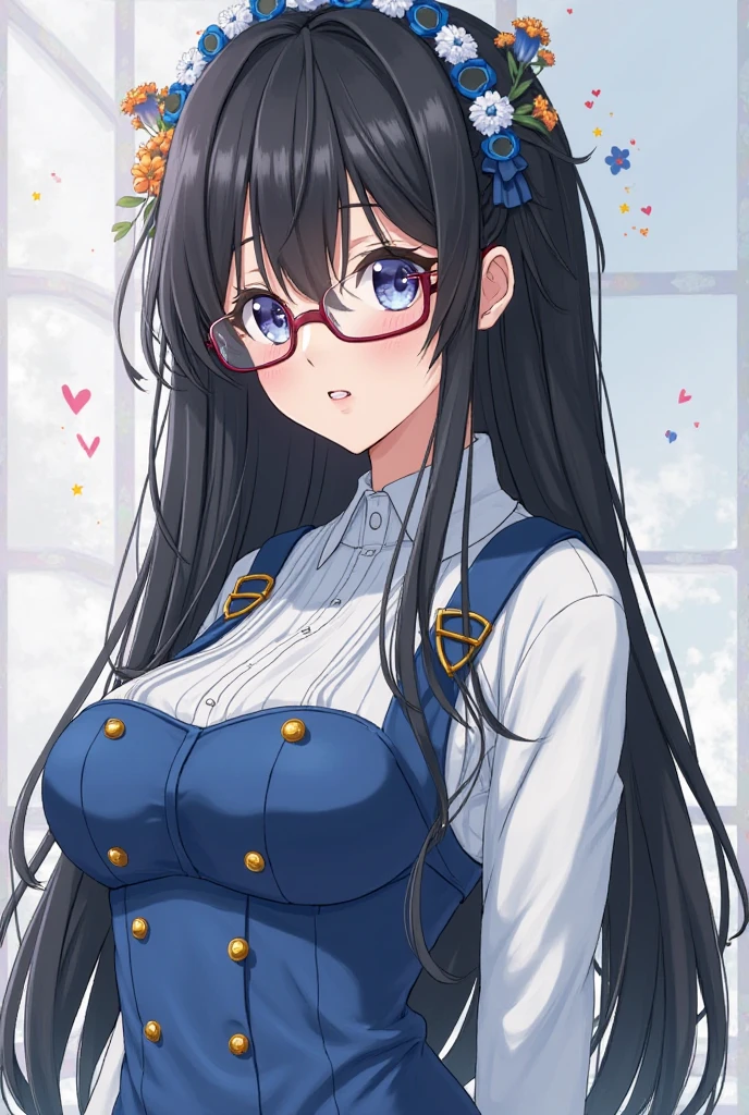 masterpiece, highest quality, High resolution, morning, semi-long, black hair, blue eyes, Glasses, ,bright yellow neckerchief, vivid color,bright light,(26 years old),collared shirt, sweater vest,large breasts,(Blue Vest:1.2), short sleeve, armband, plaid skirt, gray skirt, (outdoor,Cherry blossom tree in full bloom), Are standing, smile, open your mouth a little,