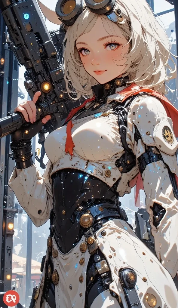 (Best Quality, Ultra Resolution: 1.0),(Photorealistic, Ultra Detail, Clear Focus 1:0), 1girl, solo, beautiful pretty cute small face, realistic, (1girl:1.3), Mature, woman, short hair, bangs, sadistic smile, evil smile, smug, ((hair over eyes:1.5)), white hair, one side up, perfect body, biomechanical oppai, underboob, long sleeves, power armor, exposed breasts, large breasts, no bra, thigh highs, high thigh highs, tabard, exposed, cyborg, cyborg woman, cybernetics, cybernetic, robot, robotic arm, robotic leg, belt, backpack, Adepta sororita, sister of battle, battle nun, nun, bolter, boltgun, gun, firearm, pistol warhammer 4 0 k, Warhammer fantasy, 2b, wh 4 0 k, warhammer 4 0 k fantasy, warhammer 40k, WH40K, w 4 0 k, looking at viewer, ((aiming at viewer)), (holding pistol, handgun: 1.5)