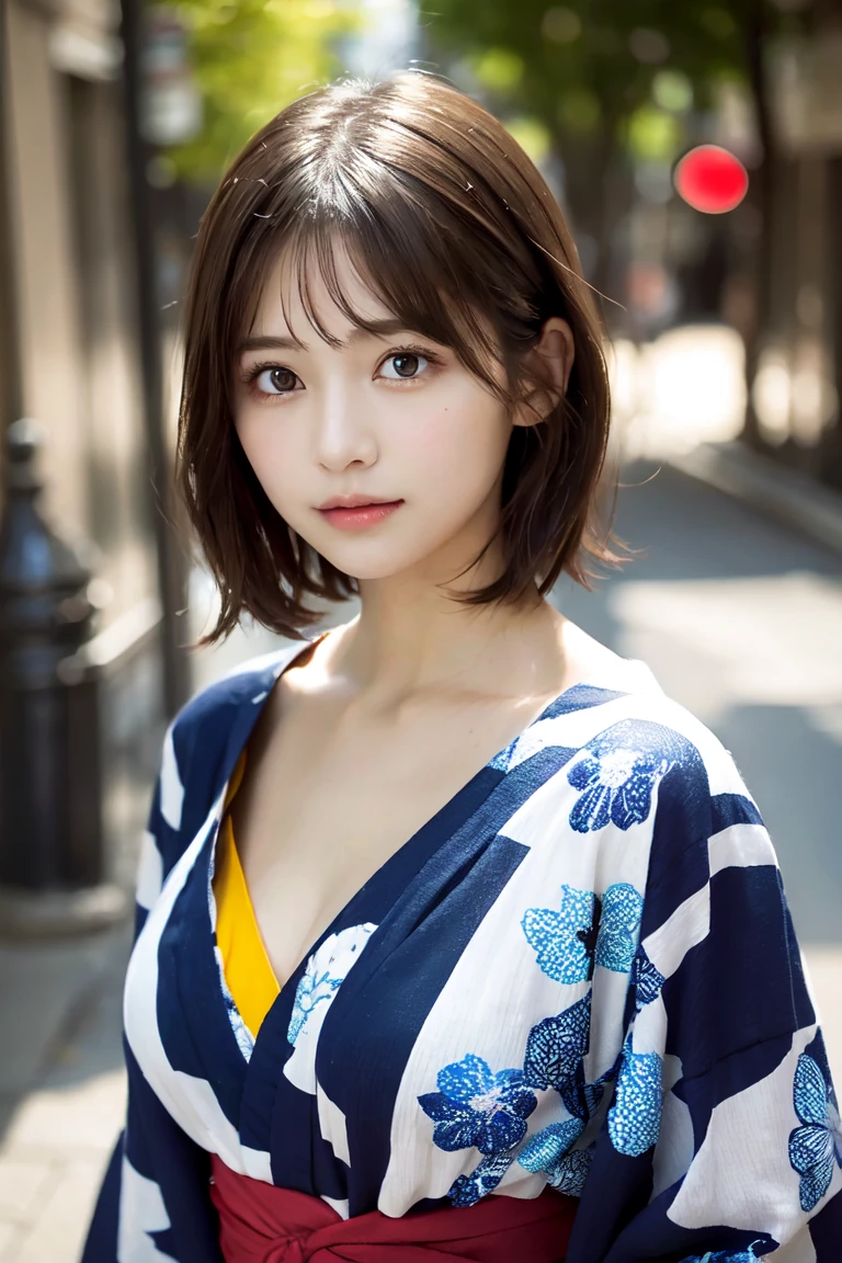 8k,Highest quality,(masterpiece:1.2),(Realistic),(Realistic:1.37),Ultra-high resolution,1 female college student,city,smile,Beautiful Eyes,Summer festival,(((Beautiful yukata))),Big Breasts,Perfect body,Perfect Fingers,Professional Lighting,gravure,Detailed face and skin texture,fine grain,RAW Photos