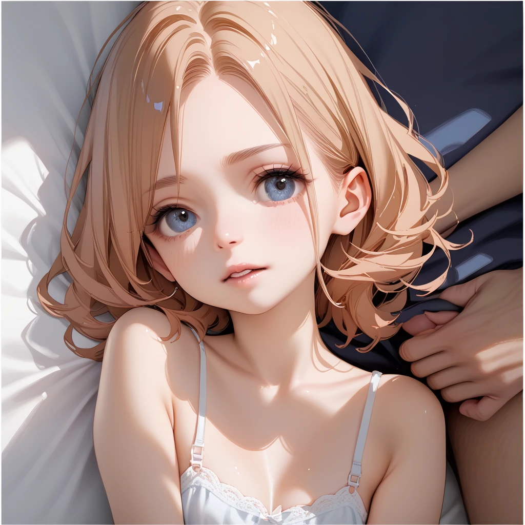 masterpiece:1.2, highest quality:1.2, 8k, CG, photorealistic:1.37, delicate detailed:1.8 (eyes, pupils, lips, face, hair, hand, skin, nipples), sleepy, soft touch illustration, platinum blond, braid, little cute girl(chibi:1.2), Embarrassingly, leaning back down on pillows, warm scene,elegant,soft lighting,cozy atmosphere,relaxing ambiance, cute girl (((cheek to the kitten on bed))),illustration,medium breasts,beautiful detailed eyes,beautiful detailed lips,extremely detailed eyes and face,longeyelashes,adorable,tender emotions,soft and clear skin,wavy hair,curly hair,blurry background,natural lighting,soft colors,vibrant,gentle,wholesome,pure,vivid details,cute expression,pet's fur,fuzzy texture,childhood memories