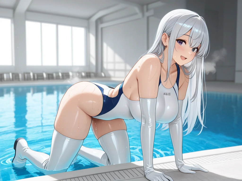 Masterpiece, Top Quality. Third person side view. Full body.
One beautiful girl and one fat nerd high school  boy. 
They have hard sex in the doggy style position at the pool side.
The boy is wearing a  blue swimming bikini pants.
She is wearing a competition swimsuit, long white leather gloves, dark stockings and white thigh boots.
She smiles, she invites the man, she feels pleasure. She is overwhelmed with pleasure. 
Steam. Sweaty. A dark pool. Indirect lighting.
The girl has long straight silver hair and large breasts. 
He has dark hair. 