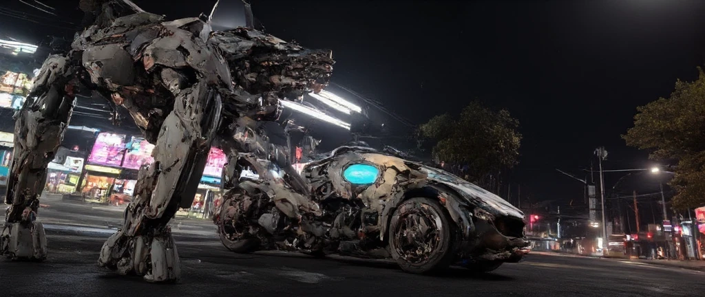 Mech01, concept_car. Photo réelle 8K, utra détail. Un hybride de 6 mètres, inspiré d'un concept car d'une mante religieuse et d'un mecha,  armé pour le combat, robot militaire high tech, détails techniques incroyables, nombreuses armes lourdes intégrées dans son armure iridescente, rehaussée de néons, yeux cybernétiques. Le mecha a les 6 pattes au sol en position de combat, Il terrorise une ville cyberpunk, futuriste, Sombre, 8K, haute qualité, détaillé, cinématique, science-fiction, couleurs néons, pose dynamique, éclairage dramatique, environnement urbain, détails complexes.