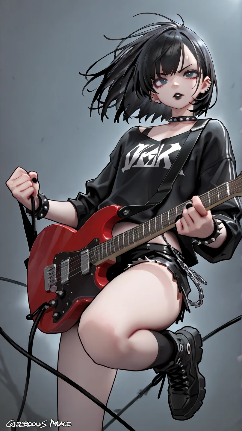 , Petite, naked body, Guitar in hand, Rocker, Rock concert, short black hair, smil, vampire teeth, Female orgasm, opened mouth, tongue sticking out, Bare breasts and nipples, exposed genitals, collar with leash around neck, dressless, white foam flows from the vagina, white foam on chest, boots, 4k, Cinematic lighting, bright colours, Rock and roll, gotik, Fun, fantasy, Beautiful, bodacious, stunning, standing with a guitar, view from bottom,