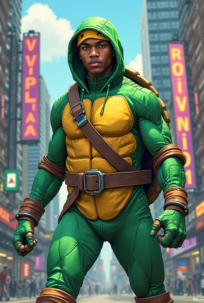 A french-african, dark-skinned guy with a turtle themed mask and hero costume in only various shades of green. He wears a hood over his head and has a "shield" on his back. His body suit is very tight-fitting but covers all of his body. He is bald, as he shaved his head, but has brown eyes. He is cool and competent looking, like a fun guy. 