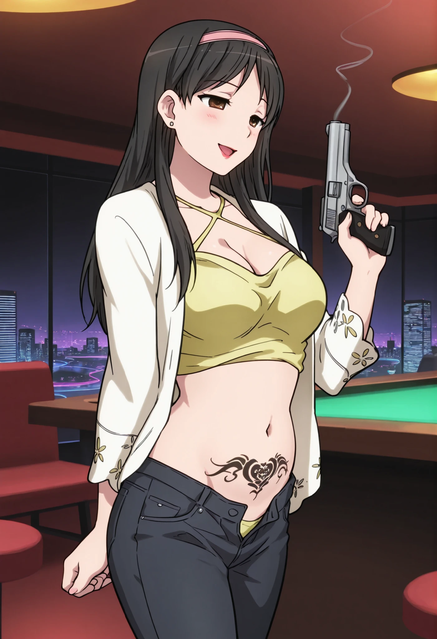 risaoneechan, risa oneechan, medium hair, bangs, (brown hair:1.2), (purple eyes:1.2), ponytail, smile,
masterpiece, best quality, highly detailed, a anime girls in china dress with navel cutout holding a gun
posing for a picture, navel cutout, crop top, china dress, ecchi anime style, evil smile, open mouth,
smile, anime girls, ecchi style, ecchi, digital anime art!!, in anime style, official artwork, (nsfw) not safe
for work, beautiful anime girl, anime style 4 k, pelvic curtain, exposed belly, exposed navel, exposed
midriff, exposed lower belly, holding a gun, chinatown, outdoor,street,road,
