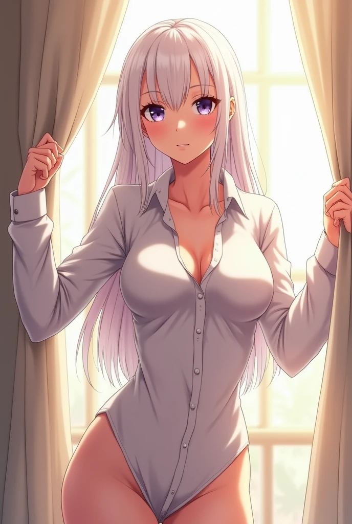 photorealistic, high resolution, 1 girl, white hair, Korean, blue eyes, white shirt, no pants (gaping vagina), thick thighs, pitiful face