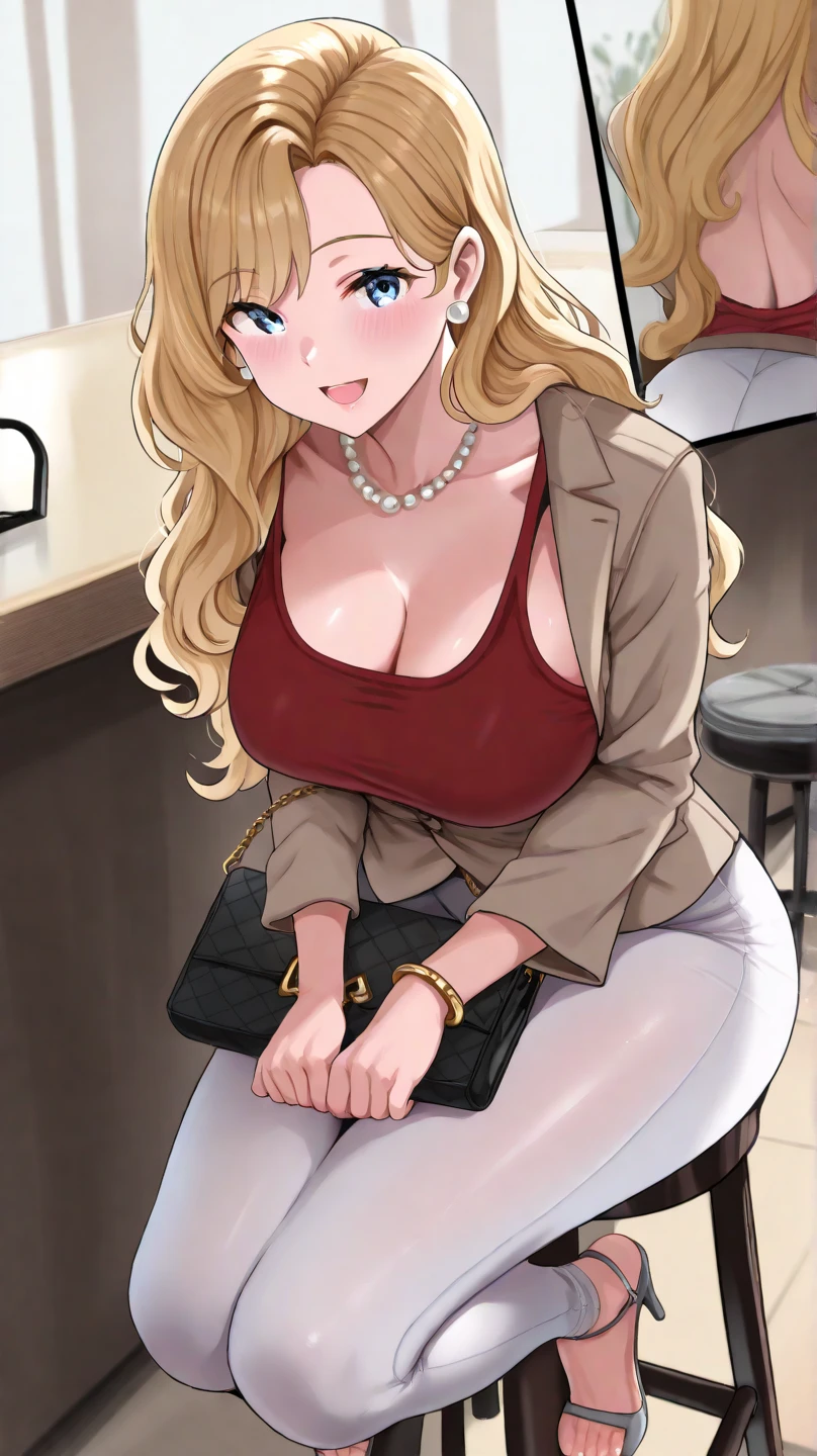 An extremely, insanely beautiful stunning gorgeous pretty cute sexy busty mother with a perfect gorgeous beautiful face, extremely super bright snow white fair stunning flawless glowing lush shiny white skin, and complexion, gold blonde hair tied in a cute hairstyle with hair ornament and red rose flower on hair, age 23, stunning shiny big shiny glowing blue eyes, bright pink cheek blushes, brown-black eyelashes, pink puffy lips, pink nails, goddess-like extremely cute sweet smile, face full of life, wearing a gold necklace, feet anklets, wearing a long full sleeve loose-fitting WHITE dress with threads and a LIGHT-BROWN COLORED OFF-THE-SHOULDER CROCHET CARDIGAN sweater hanging on her back and shiny gold high-heels, gold bangles, looking at the viewer, standing straight, insanely tight skinny perfect hourglass figure, perfect round wide perfect hips, perfect bouncy round breasts, perfect round plump ass poking out of her dress, holding bouquet of red roses, big house in the background, day time, show full body from head to feet.