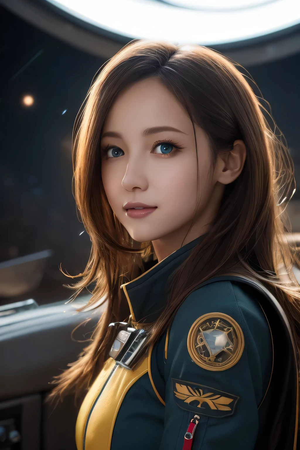 Space ship, captain future, comet, extremely fine and beautiful design, illustration, masterpiece,best quality, high resolution, 8k, sf,space fantasy, extremely beautiful and fain design, extremely fine and beautiful colors, An anime girl with shoulder-length green short hair and warm brown eyes, dressed in a sleek, black-and-yellow space pilot suit with metallic patches on her shoulders. She’s leaning back with her hands behind her head, standing in singing dancing pose, background a planet with visible Universe Galaxy,(RAW Photos, Best Quality), (Realistic, photo-Realistic:1.4), masterpiece, Very delicate and beautiful, Very detailed, 2k wallpaper, wonderful, In detail, Very detailed CG unity 8k wallpaper, Super detailed, High resolution, Soft light, Beautiful detailed girl, Very detailed eyes and face, Beautifully detailed nose, Beautiful detailed eyes,Cinematic Lighting,Perfect Anatomy,Slender body,smile,extremely fine and beautiful colors, extremely beautiful and fain design,amazing sapraizz, dynamic production