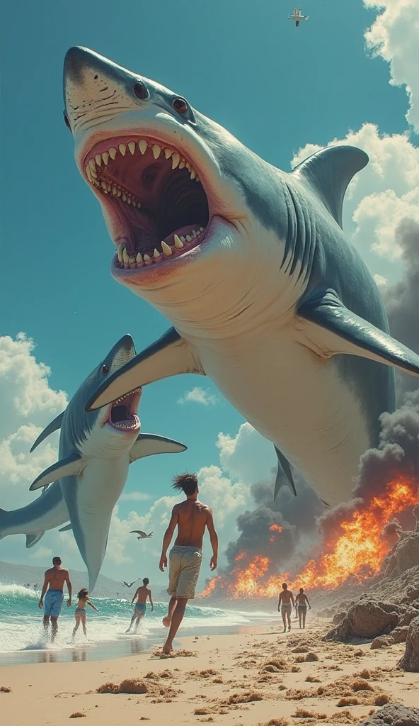 Great white shark with horns breathing fire at swimmers on beach