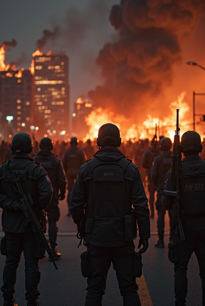 Under black and greasy skys, chaos erupts in the streets as protestors clash with riot police in a violent confrontation. Molotov cocktails arc through the air, shattering windows and igniting fires. Tear gas fills the air, obscuring the faces of both the oppressed and the oppressors caught in the fray.