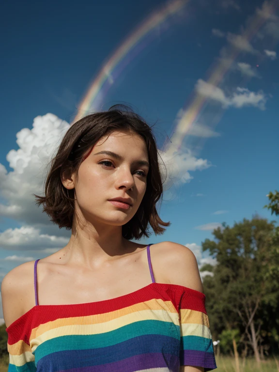 melissa sue anderson, 30 years old, denim jacket, leather skirt, bun hairstyle, hands behind the back, PINK WATER Las Coloradas OCEAN background, watching the camera, closeup, close-up, iridescent clouds, sun on the horizon,  BREAK
fire rainbow, Circumhorizontal Arc, BREAK
