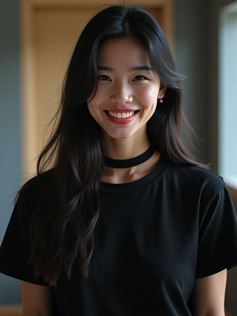 RAW photo, face portrait photo of beautiful 26 y.o woman, cute face, wearing black dress, happy face, hard shadows, cinematic shot, dramatic lighting