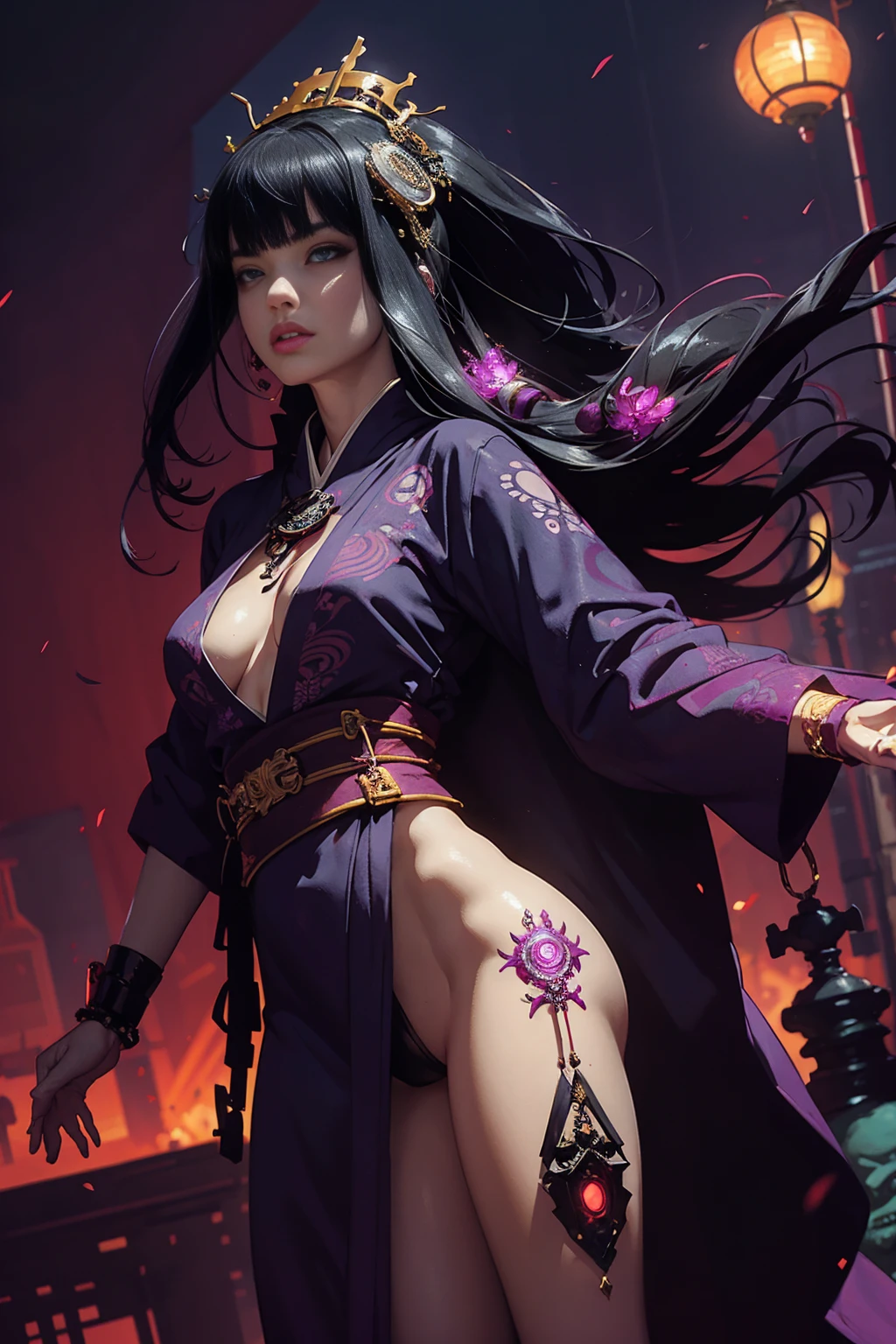 (ultra realistic photo, 8k uhd, full of details in clothes and face, masterpiece, girl goddess of beauty). Shogun Raider from Genshin Impact is a sexy woman with long, flowing purple hair, who wears a highly detailed sexy lingerie, she wears a jewel on the side of her head adorned with gold details and a gem in the center. - She wears a purple and pink outfit with gold details, with ornate designs in gold. The upper part of the armor is tight to the body, highlighting its curves. (she has long breasts, huge and perfect breasts emerging from her sexy, erotic cleavage, sharp pointed BREASTS), ((transparent micro panties showing pussy, perfect pussy)), defined body, body with curves, big perky ass, pussy showing, His arms are covered in armored gloves that have similar designs in gold and are attached to his upper arm by straps. - A piece of cloth flows from his waist, complementing the armor look. - Her face is very beautiful, she has light pink eyes and a serious expression. - In the background, there is a dramatic sky full of dark clouds and lightning lighting the scene. A full moon is also visible between the clouds.