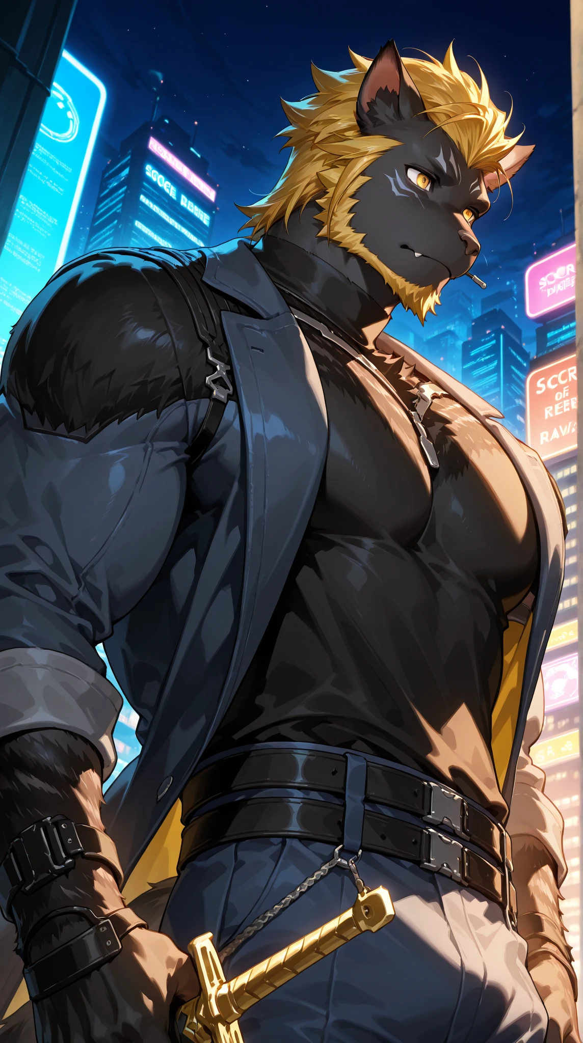 (((intricate design))) (((Top quality))) (((16K))) (((High Definition))) 16K splash art, photorealistic, high-res, ultra sharp, ((masterpiece)), the best quality, expressive eyes, perfect face, Super eyes, perfectly detailed anatomy (((Volumetric lighting))) (((Fluorescent Lights))) CG sense, dynamic blur, (((mature male))) (((muscular))) (((bodybuilder))) (((viewed from below))) big , big thighs, big bulge, cyberpunk, futuristic, ((attractive hairy male singer)) stubble beard, wearing black glasses, medium-length orange curly sleek hair, vampire, bright red eyes, ((pale skin)) on stage singing, cords, drum kit, keyboard, guitar, fireworks, neon spotlights, ((transparent visor)), mic stand, holding microphone, large crowd, neon lights, tailored yellow trench coat, silver rings, chain necklace, face piercings, white singlet, latex pants, brown boots, scared expression, looking off,